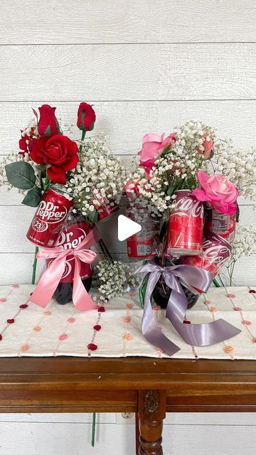 Kelly Oester - your new DIY mom friend on Instagram: "🍒💐Tag a friend who needs this bouquet 😍🍒 but why did it actually turn out pretty....   Are you team Cherry Coke or Dr Pepper??  I had this idea and then after some searching came across Dr. Pepper bouquets circulating Tik Tok. Have you seen it??? People were using hot glue to attach the cans, but I decided to try packing tape and it worked well! It works best if the cans are room temperature with no condensation on them. I used fake flowers and finished it off with a bow.   I love this idea! 😂💝  #drpepperbouquet #cherrycoke #drpepper #diy #diyvalentines #valentinesdayinspo #vdayinspo #viral #viralvideos #viralideas #hearteyes #sharetheeverygirl" Soda Can Bouquet Diy, Soda Bouquet Diy, Dr Pepper Flower Bouquet, Coke Bouquets, Dr Pepper Gift Basket, Dr Pepper Bouquet, Soda Can Bouquet, Dr Pepper Gift Ideas, Soda Bouquet