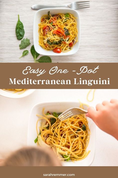 This super simple, Mediterranean-inspired, dietitian-approved one-pot linguini pasta dish will become a go-to family favorite in no time. You literally just throw all of the ingredients into a pot! One Pot Mediterranean, Mediterranean Beef, Tomato Linguine, Linguini Pasta, One Pot Pasta, Drying Pasta, Pesto Sauce, Pasta Dish, Pesto Pasta