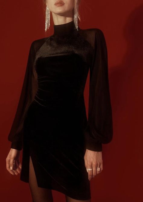 High Neck Dress Outfit, High Neck Dress Formal, Long Sleeve High Neck Dress, Sheer Long Sleeve Dress, Velvet Dress Short, Dark Red Dresses, Long Sleeve Velvet Dress, Formal Dresses With Sleeves, Dress Photo