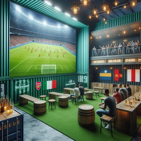 Gaming Cafe Design, Sport Bar Design, Backyard Sports, Sports Pub, Sport Bar, Container Restaurant, Container Cafe, Outdoor Restaurant Design, Themed Cafes