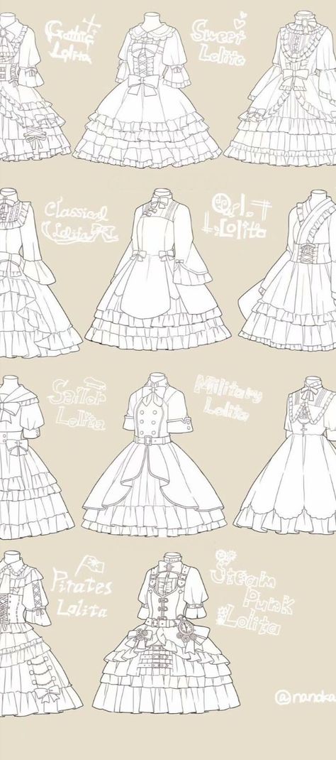 Creative and Inspiring Lolita Designs from @nanoka923 (credits to なななのか @nanoka923 from Twitter) Puffy Dress Reference Drawing, Puffy Skirt Drawing Reference, Royal Dress Drawing Reference, How To Draw Victorian Dresses, Puffy Dresses Drawing, Princess Dress Reference Drawing, Princess Clothes Drawing, Ruffle Dress Drawing, Old Dresses Drawing