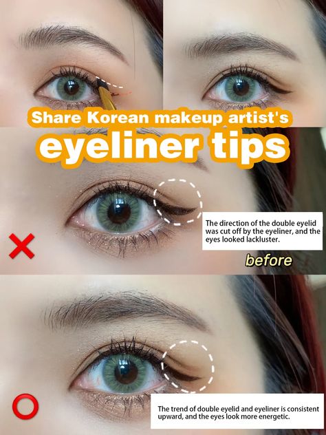 Korean Double Eyelid Makeup, Eyeliner For Double Eyelids, Double Eyelid Eyeliner, Double Eyelid Makeup, Eye Brightening Makeup, Eyelid Makeup, Brightening Makeup, Draw Eyeliner, Double Eyelids