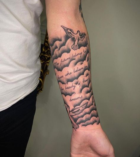 200 Dollar Tattoo Ideas, Forearm Tattoo Men Sleeve Unique, Cloud Tattoo Sleeve, Cloud Tattoo Design, Inside Of Arm Tattoo, Arm Tattoos For Guys Forearm, Underarm Tattoo, Tattoo Ideas Males, Sky Tattoos