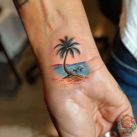 Beach Scene Tattoo, Tropical Tattoos, Palm Tree Tattoos, Beachy Tattoos, Arrow Tattoos For Women, Tropical Tattoo, Hawaii Tattoos, Tattoo Over Scar, Scene Tattoo