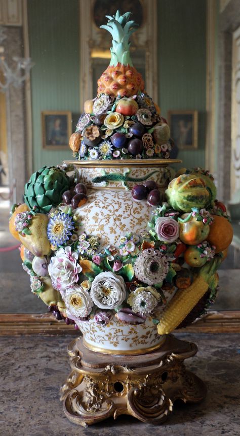 Royal Palace of Caserta, Italy.  Capodimonte porcelain vase with fruit, flowers and animals in high relief. Palace Of Caserta, Caserta Italy, Flowers And Animals, Capodimonte Porcelain, Fruits Photos, Jar Art, Antique Stoneware, Fruit Flowers, Porcelain China