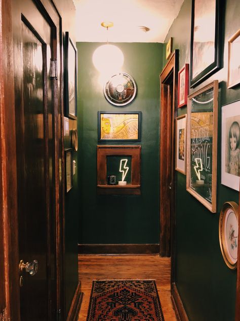 Moody Dressing Room Ideas, Dark And Moody Hallway, Dark Eclectic Color Palette, Moody 70s Decor, Dark Moody Hallway, Moody Hallway Interior Design, Moody Cozy Home, Layout Design House, Dark Hallway Aesthetic