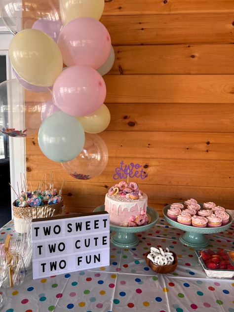 Minimalist 2nd Birthday Decor, Two Sweet Food Ideas, Two Sweet Birthday Party Cake, Two Sweet Birthday Decor, Have Your Cake And Eat It Two, Two Much Fun Birthday Girl, Toddler Girl 2nd Birthday Themes, Simple 2nd Birthday Party For Girl, 2 Year Girl Birthday Party Themes