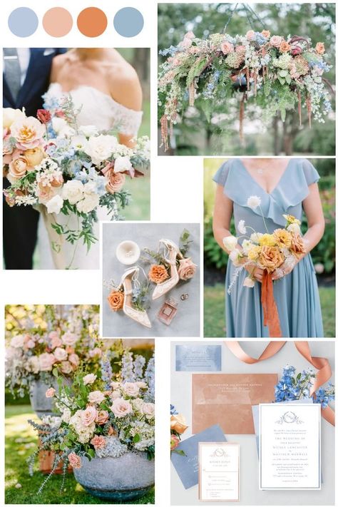 Peach And Orange Wedding, Orange And Blue Wedding, Blue Wedding Colour Theme, Blue Peach Wedding, Blue Color Palette Wedding, Blue Wedding Color Palette, Orange Wedding Theme, Blue And Orange Wedding, Blue Orange Weddings