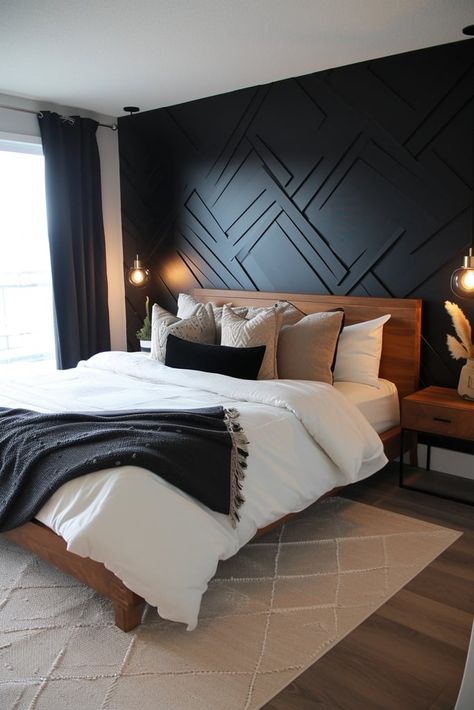 25 Bold Black Accent Wall Bedroom Ideas to Upgrade Your Space Black Room Accent Wall, Black Main Bedroom Ideas, Black Painted Bedroom Walls, Dark Accent Wall Behind Bed, Black Bedroom Accent Wall, Black Accent Wall Bedroom Ideas, Accent Wall Bedroom Ideas, Black Accent Wall Bedroom, Black Wall Bedroom