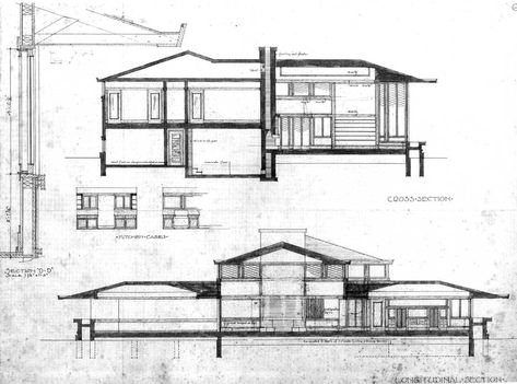 Architect's drawing: cross section and longitudinal section - Walter V. Davidson House / 57 Tillinghast Place, Buffalo, NY / 1908 / Prairie / Frank Lloyd Wright Longitudinal Section Architecture, Section Architecture, Drawing Cross, Longitudinal Section, Mario Botta, Spatial Concepts, Architect Drawing, Lake House Plans, Home Design Floor Plans