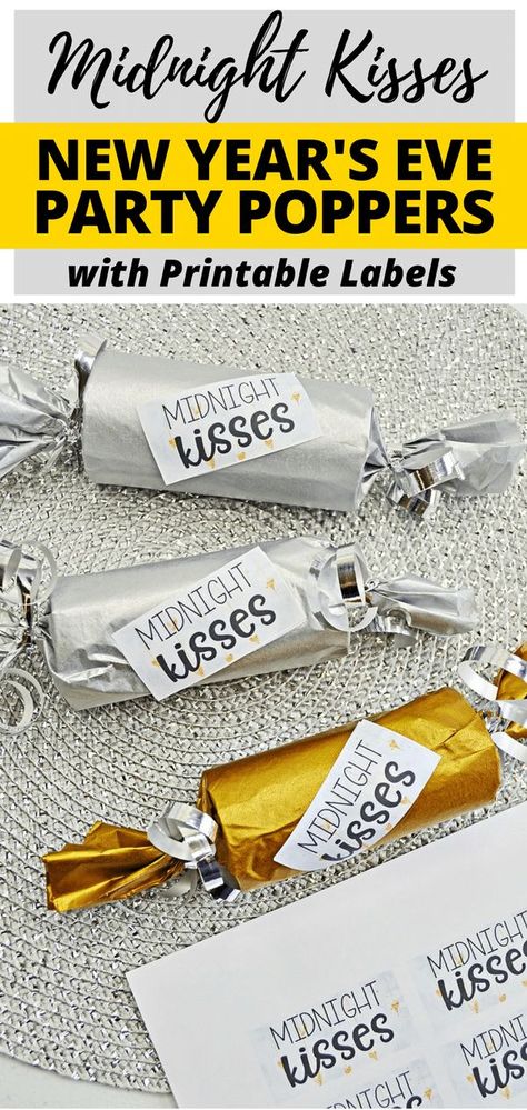 This fun Midnight Kisses New Year's Eve Party Poppers craft is easy to make with toilet paper rolls, tissue paper, ribbon, and the included printable. #NewYearsEve #NewYears #NYE #Kisses #EasyCrafts #PartyIdeas New Year's Eve Crafts, Midnight Kisses, Party Poppers, Toilet Paper Rolls, New Year's Eve Recipes, New Year's Eve Party, 12 December, Paper Ribbon, Paper Rolls