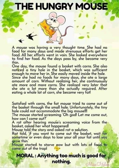 The hungry mouse. Moral short stories for learning English.  anything too much is good for nothing Small Stories In English, Short Story With Moral Lesson, Small English Story, Moral Short Stories, Small Stories For Kids, Good Moral Stories, English Poems For Kids, Story In English, English Story Books