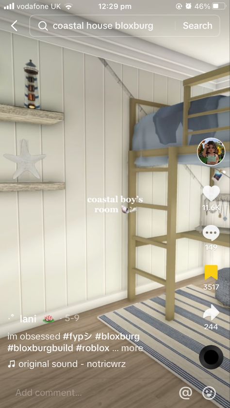 Bloxburg Coastal Beach House Interior, Coastal Baby Room Bloxburg, Costal Decals Bloxburg Decor, Costal Room Bloxburg, Bloxburg Beach Bedroom, Beach Bloxburg, Bloxburg Summer House Ideas, Bloxburg Coastal House, Coastal Bloxburg