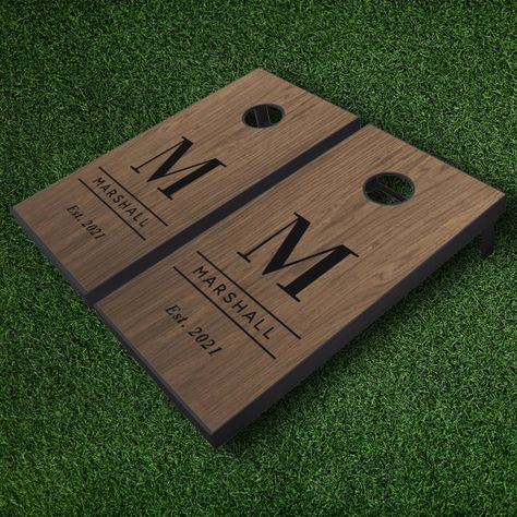 Rustic Wood Grain Personalized Wedding Monogram Cornhole Set  Zazzle Cornhole Boards Designs Last Name, Wedding Guest Corn Hole Boards, Monogrammed Cornhole Boards, Family Cornhole Boards, Bean Bag Board Wedding Guest Book, Personalized Corn Hole Boards Wedding, Cornhole For Wedding, Custom Wedding Cornhole, Last Name Cornhole Boards