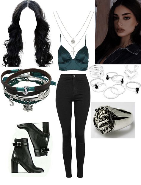 Slytherin Style Inspired Outfits, Slytherin Casual Outfits, Slithering Outfits, Slytherin Outfit Casual, Slytherin Party Outfit, Slithering Aesthetic Clothes, Edgy Slytherin Outfit, Shadowhunters Outfit Ideas, Shadowhunter Inspired Outfits