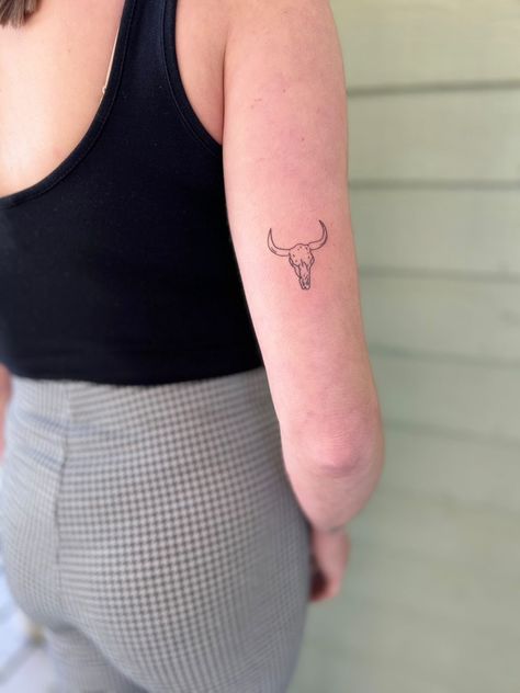 Bull Skull Tattoo Minimalist, Fine Line Cow Skull Tattoo, Texas Fine Line Tattoo, Tiny Bull Tattoo, Fine Line Bull Skull Tattoo, Fine Line Longhorn Tattoo, Fine Line Bull Tattoo, Texas Long Horn Tattoo, Fine Line Cow Tattoo