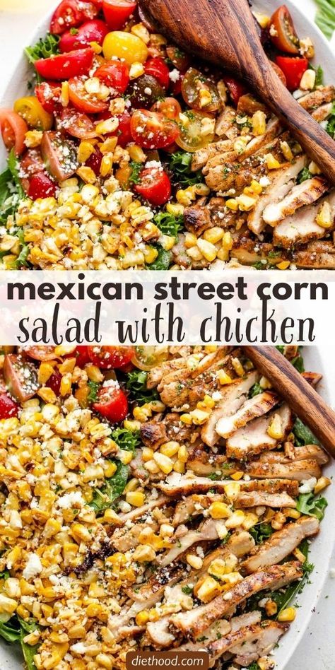 Mexican Street Corn Salad with Grilled Chicken is a delectable combination of charred corn, zesty lime, and cotija cheese, perfectly complemented by juicy, grilled chicken and tomatoes for a refreshing, yet hearty and delicious meal. Grilled Corn Cilantro Chicken Salad, Grilled Chicken Recipes Salad, Elite Corn Chicken Salad, Healthy Hearty Salad Recipes, Mexican Corn Chicken Salad, Chicken And Corn Salad, Mexican Street Corn Chicken Salad, Street Corn Chicken Salad, Hearty Salads Dinners