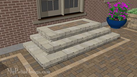 With a large 84" wide stoop and 3 cascading steps, this step design is nothing short of grand. Downloadable plan includes how-to's and material list. Patio Step, Paver Steps, Patio Stairs, Front Door Steps, Front Porch Steps, Large Backyard Landscaping, Patio Plans, Brick Steps, Step Design