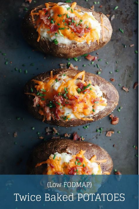 Looking for a kid-friendly side dish? Try these low FODMAP twice baked potatoes! Made with savoury bacon bits, cheddar cheese, and FODMAP friendly chives, these easy twice baked potatoes will take any meat and potatoes meal to the next level! #IBS #gluten Low Fodmap Baked Potato, Fodmap Lunch Ideas, Low Fodmap Lunch Ideas, Low Fodmap Lunch, Fodmap Meals, Fodmap Lunch, Fodmap Recipes Dinner, Low Fodmap Recipes Dinner, Fodmap Meal Plan