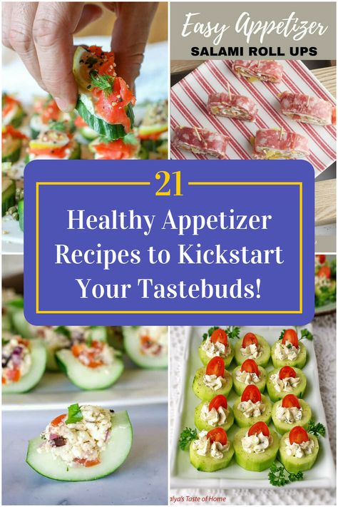 Collage of 4 healthy appetizer recipes. Dash Diet Appetizers, Diet Appetizers, Salami Rolls, Antipasto Appetizer, Fancy Appetizer Recipes, Veggie Appetizers, Veggie Bites, Dash Diet Recipes, Fancy Appetizers