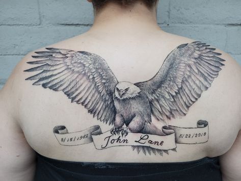 Eagle Memorial Tattoo, Eagle Memorial Tattoo Dads, Hunter Memorial Tattoo, Wings Like Eagles Tattoo, Eagle Remembrance Tattoo, American Flag Angel Wings Tattoo, Eagle Back Tattoo, Tattoos For Dad Memorial, Memorial Tattoo Quotes