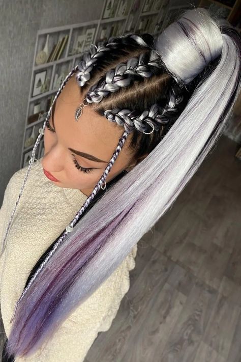 High Pony Festival Hair, Black And White Festival Braids, Festival Hair Braids, Futuristic Hair, Pink Hair Highlights, Headwrap Hairstyles, Braids With Shaved Sides, Dutch Braid Hairstyles, Rave Hair