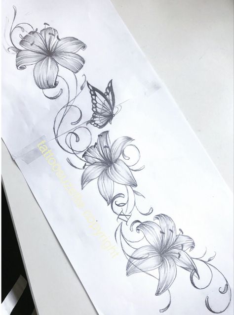 Lilly Flower Tattoo Designs Forearm, Pretty Flowers Tattoo Design, Pretty Flowers Tattoo, Lily Flower Sleeve Tattoo, Flower Side Arm Tattoo, Lily Tattoo Design Sleeve, Flower Vain Tattoos, Vine And Flower Tattoo Sleeve, Big Lotus Flower Tattoo