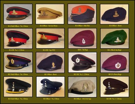 British; Royal Artillery, Royal Engineers & Royal Signals, Officer's & O.R's No.1, No.2 Dress Caps And Berets Navy Officer Ranks, Royal Signals, Uk Army, Royal Navy Officer, English Army, British Hats, Army Ranks, British Army Uniform, British Uniforms