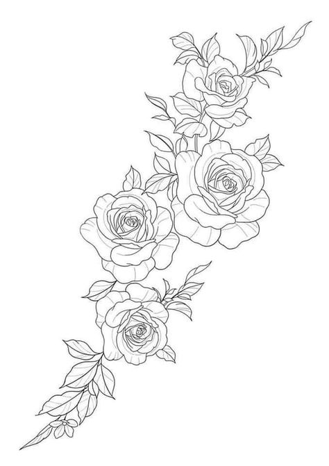 Rose Sleeve Stencil, Rose Sleeve Tattoo Design, Roses Arm Sleeve Tattoo, Rose Outline Drawing Tattoo Ideas, Roses And Leaves Tattoo, Womens Tattoo Stencils, Vine Of Roses Tattoo, 4 Roses Tattoo Design, Roses With Vines Tattoo