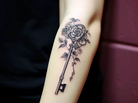 Floral Key Tattoo, Gothic Key Tattoo, Key Tattoo Men, Key Tattoo Designs, Antique Tattoo, Magic Runes, Key Tattoo, Clever Tattoos, Large Tattoos