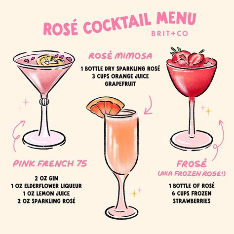 Rosé all day 🌸🥂 It's National Rosé Day⁠ and we're celebrating with the prettiest pink drinks. Try one of these cocktails (or make it a mocktail!) and hit the link in bio for 15 Insanely Refreshing Rosé Cocktail Recipes You Need To Try This Summer 🍹 ⁠ ⁠ 🍸 Pink French 75 🍸 ⁠ - 2 oz gin⁠ - 1 oz elderflower liqueur ⁠ - 1 oz lemon juice⁠ - 2 oz sparkling rosé⁠ ⁠ 🥂 Rosé Mimosa 🥂 ⁠ - 1 bottle of dry sparkling rosé⁠ - 3 cups of orange juice⁠ - grapefruit⁠ ⁠ 🍓 Frosé (aka Frozen Rosé) 🍓 ⁠ - 1 bottle of... Birthday Drinks Alcohol, Rose Cocktail Recipes, Pink Gin Cocktails, French 75 Cocktail Recipes, French 75 Cocktail, Grapefruit Cocktail, Food Plating Techniques, Frozen Rose, Coctails Recipes