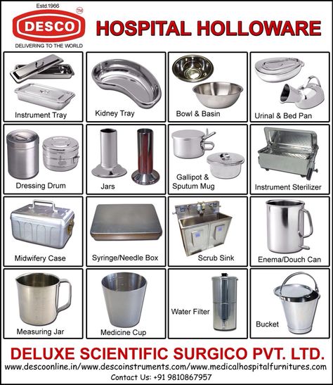 HOSPITAL HOLLOWARE: Includes Instrument Tray, Kidney Tray, Bowl & Basin, Urinal & Bed Pan, Dressing Drum, Jars, Gallipot & Sputum Mug, Instrument Sterilizers, Midwifery Case, Syringe/ Needle Box, Scrub Sink, Enema/Douch Can, Measuring Jar, Medicine Caup, Water Filter, Bucket and others… Hospital Tools, Anesthesia School, Medications Nursing, Medical Terminology Study, Nursing School Inspiration, Bed Pan, Bowl Basin, Nursing Home Activities, Medical Words