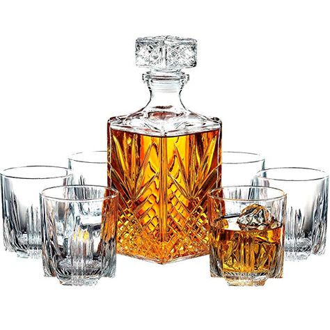 Gifts for Men! Amazon.com | Paksh Novelty 7-Piece Italian Crafted Glass Decanter & Whisky Glasses Set, Elegant Whiskey Decanter with Ornate Stopper and 6 Exquisite Cocktail Glasses: Decanters Whiskey Gift Set, Whiskey Glasses Set, Whisky Decanter, Whiskey Decanter Set, Whiskey Tumbler, Whiskey Gifts, Liquor Decanter, Whisky Glasses, Whiskey Decanter