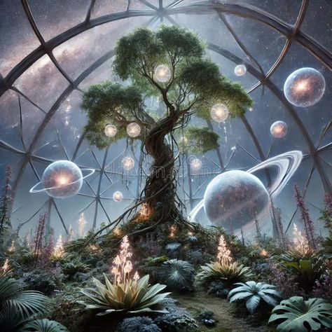 Galactic Botanical Garden in a Transparent Dome: A Futuristic Sci-Fi Landscape with Celestial Views and Alien Flora vector illustration Space Garden Illustration, Galactic Wallpaper, Alien Garden, Flora Vector, Alien Flora, Alien Plants, Sci Fi Landscape, Abstract Animal Art, Garden Illustration