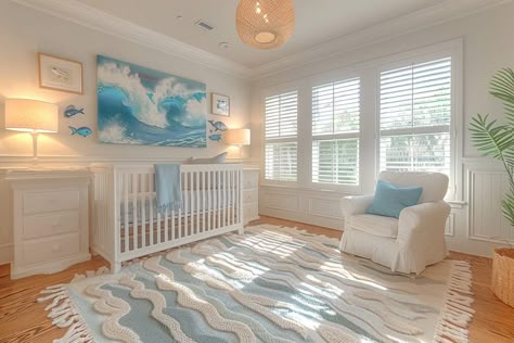 Top 20 Coastal Nursery Decor Tips | Green Snooze Western Style Nursery, Beachy Nursery, Ocean Baby Rooms, Sea Nursery Theme, Surf Nursery, Gender Neutral Baby Nursery, Coastal Nursery, Ocean Themed Nursery, Dreamy Nursery