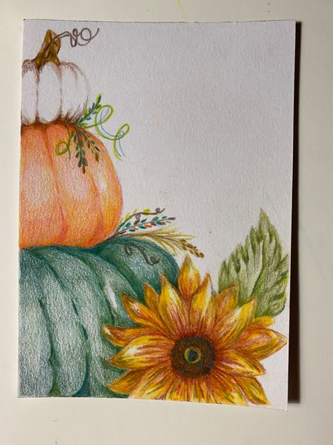 Pumpkin Color Pencil Drawing, Fall Color Pencil Drawings, Autumn Pencil Drawing, Fall Drawing Ideas Pencil, Fall Colored Pencil Drawings, Stacked Pumpkins Painting, Autumn Drawing Pencil, 3 Pumpkins Stacked, Fall Sketches