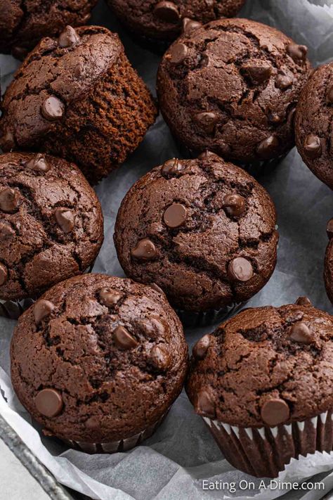 Double Chocolate Muffins - Eating on a Dime Double Chocolate Muffin Recipe, Homemade Muffins Recipe, Eating On A Dime, Peach Dessert Recipes, Chocolate Muffin Recipe, Double Chocolate Muffins, Biscuit Rolls, Peach Desserts, Homemade Muffins