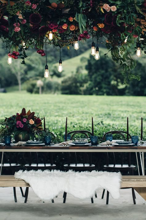 hanging floral decor - photo by Figtree Pictures http://ruffledblog.com/moody-industrial-wedding-inspiration Hanging Floral Decor, Industrial Wedding Inspiration, Rustic Wedding Decorations, Flowers Hanging, Boda Diy, Tafel Decor, Lights Hanging, Dark Wedding, Moody Wedding