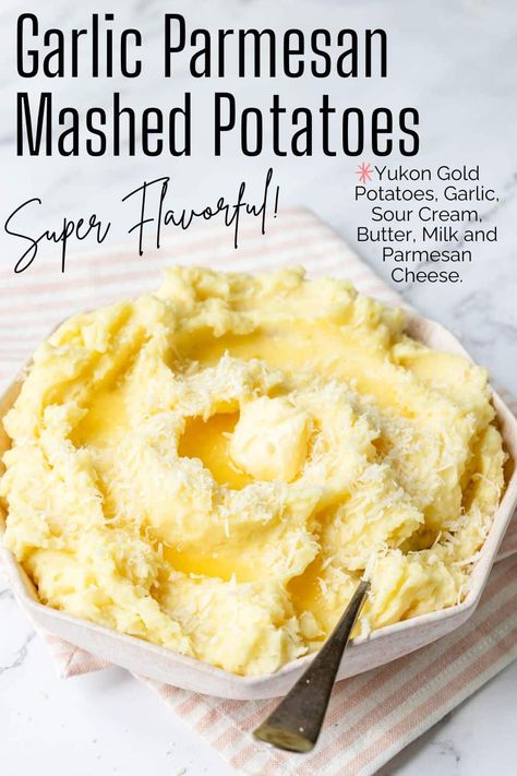 REALLY flavorful mashed potatoes made from Yukon Gold Potatoes mixed with garlic, parmesan, sour cream, butter and milk. They make an amazing potato side dish. Potatoes With Parmesan Cheese, Flavorful Mashed Potatoes, Easy Italian Meatloaf, Sausage Meatballs Recipes, Baked Italian Sausage, Garlic Parmesan Mashed Potatoes, Parmesan Mashed Potatoes, Potato Side Dish, Hot Potato