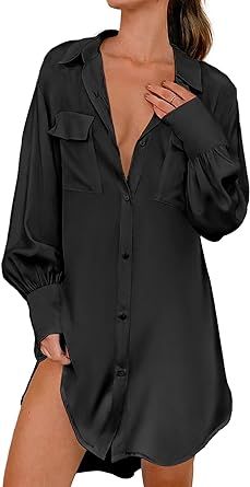 Ekouaer Women Satin Sleep Shirt Long Sleeve Nightgown Button Down Nightshirt Silk Sleepwear Soft Pajama Dress Sleep Dress Button Down Sleep Shirt, Wedding Nightgown, Long Sleeve Nightgown, Satin Nightgown, Lapel Design, Boots And Leggings, Silk Shirt Dress, Silk Sleepwear, Pajama Dress