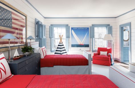 Red White And Blue Bedroom, White And Blue Bedroom, Blue Boys Bedroom, Casual Family Rooms, Grandmillennial Style, Glam Pad, Timeless Interiors, Blue Inspiration, Traditional Interior Design