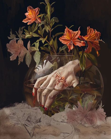 Update pics of the current Still Life I'm working on. Painted with Rebelle 7 pro using the oil brushes. #stilllifepainting #artisticshare #stilllifeart #beautyanddecay #classiclyinspired #witkininspired #beautyanddeath #contemporaryart #digitalcanvas #digitaloilpainting #tradigital #digitalillustrator #digitalpainter #digitaloils #rebelle #madewithrebelle #escapemotions #rebelle7pro Still Life Composition, Beauty Artwork, Round Glass Vase, Growth And Decay, Red Vines, Digital Oil Painting, Human Touch, Still Life Flowers, Oil Brush