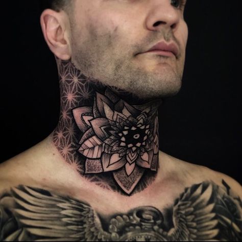 Neck Tattoo For Guys Mandala, Back Of Neck Tattoo Men Geometric, Men’s Full Neck Tattoos, Throat Tattoo Ideas Men, Mens Throat Tattoo Designs, Pattern Neck Tattoo, Mandala Throat Tattoo Men, Realism Neck Tattoo, Mens Throat Tattoo