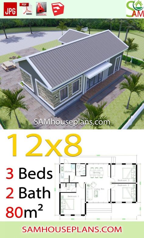 House Plans 12x8 With 3 Bedrooms Hip Roof - SamHousePlans Town House Plans, Gable Roof House, 8 House, Three Bedroom House Plan, 3d House Plans, Affordable House Plans, House Roof Design, Roof House, Building House Plans Designs