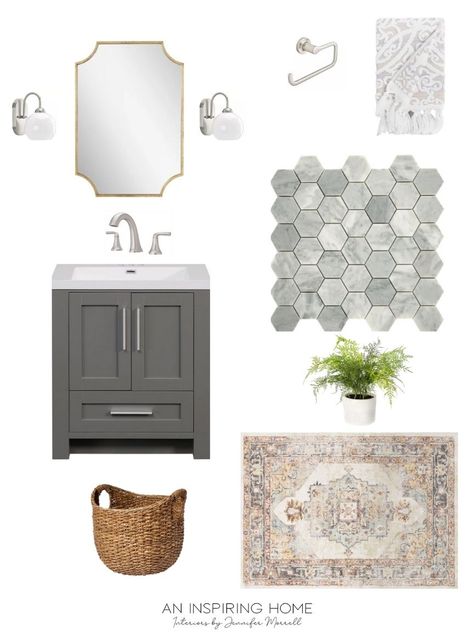 Neutral Powder Room Design Ideas - An Inspiring Home Powder Room Shower Ideas, Powder Room Grey Tile Floor, Rug In Powder Room, Spa Powder Room Ideas, Powder Room Floor Ideas, Neutral Powder Room, Powder Bathroom Decor, Powder Room Mirror Ideas, Stair Bathroom