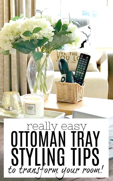 Create a gorgeous living room focal point with these ottoman tray styling ideas. A tray on an ottoman (or footstool or coffee table) can really enhance a rooms interior design, and this article will give you all the tips you need to create your own with ease. Have fun and I can't wait to see what you produce! #traystyling #tray #ottoman #footstool #coffeetable #ottomantraystyling #livingrooms #livingroomdesign Ottoman Round Tray Styling, How To Decorate A Ottoman Ideas, Big Tray For Ottoman, Tray On Ottoman Decor, Ottoman Tray Decor Ideas Fall, Decorative Ottoman Tray Ideas, Square Ottoman Tray Decor Ideas, Serving Tray On Ottoman, Decorating Ottomans Ideas