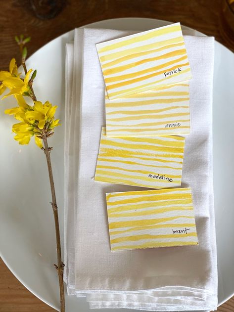 Watercolor place cards with yellow stripes forsythia Brunch Place Cards, Wedding Place Cards Watercolor, Spring Place Cards, Watercolor Name Cards, Yellow Dinner Party, Diy Wedding Name Place Cards, Brunch Place Setting, Yellow Place Setting, Homemade Place Cards