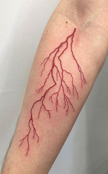 Lightning Line Tattoo, Colorful Lightning Tattoo, Lightning Chest Tattoo Female, Lightning Strikes Tattoo, Lightning Tattoo Traditional, Lightning Filler Tattoo, Red Lighting Tattoos, Pink Lightning Tattoo, Red Lightening Tattoo