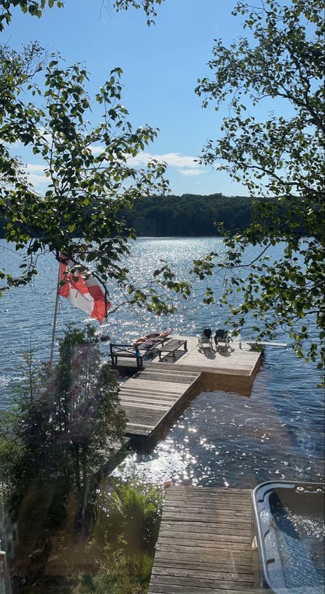 Cottage Lake Aesthetic, Lake Side Cottage, Docks On The Lake, Dock Aesthetic, Mallory Aesthetic, Cottage Dock, Cottage On The Lake, Cottage By The Lake, Canadian Summer