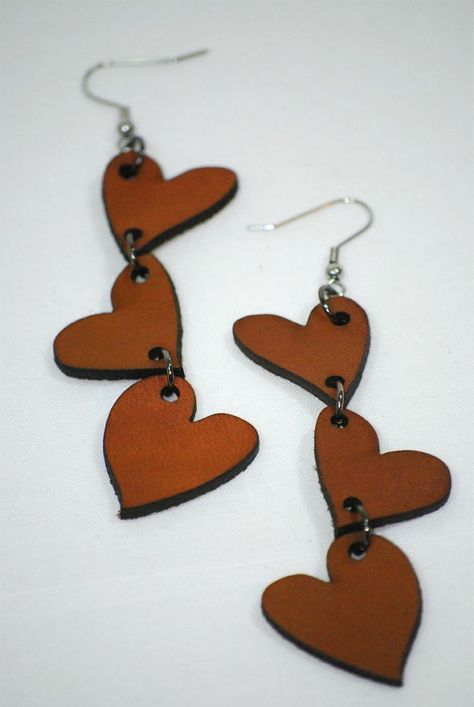 How To Make Acrylic Earrings With Glowforge, Laser Cut Leather Earrings, Leather Heart Earrings, Cricut Earrings, Leather Jewelry Making, Handmade Leather Jewelry, Diy Leather Earrings, Leather Jewelry Diy, Three Hearts